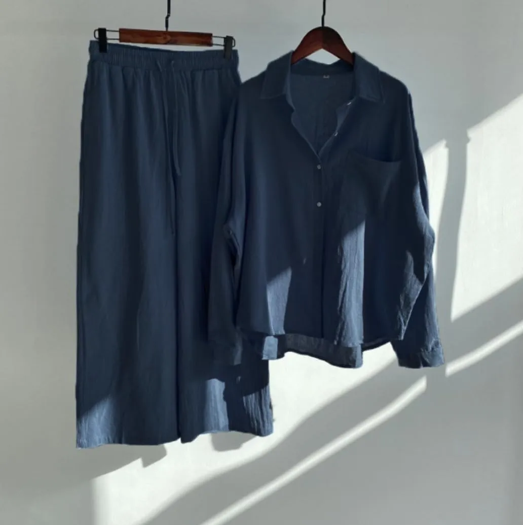 Women 2 Piece Cotton Linen Outfits Casual Loose Roll Sleeve Button Top Shirt High Waist Wide Leg Pants Sets
