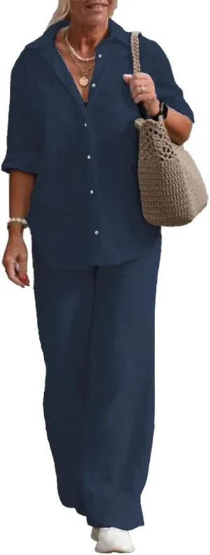 Women 2 Piece Cotton Linen Outfits Casual Loose Roll Sleeve Button Top Shirt High Waist Wide Leg Pants Sets