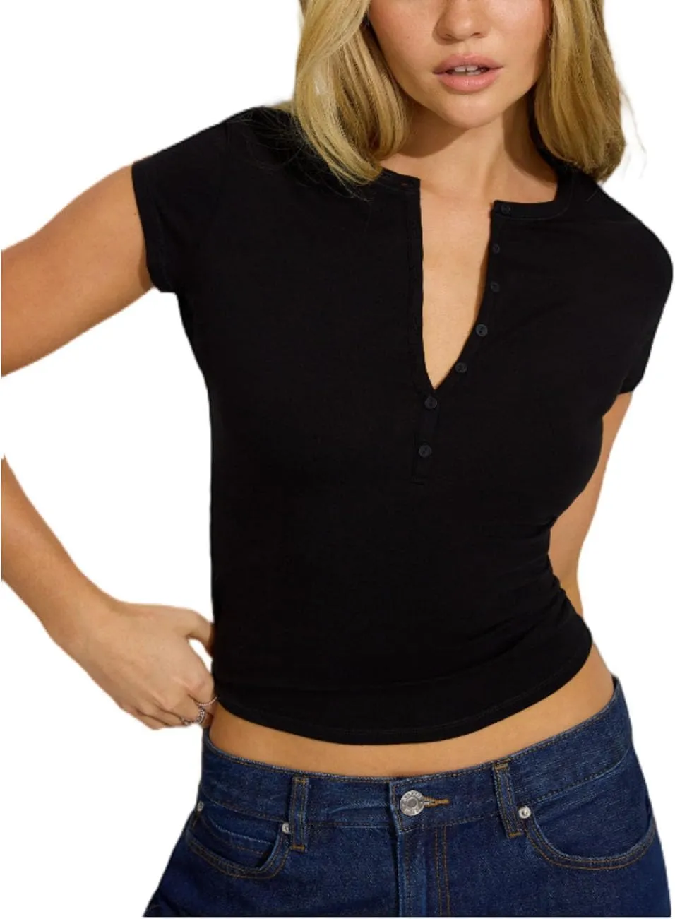 Women Deep V Neck Low Cut Tops Casual Summer Short Sleeve T-Shirts Tees