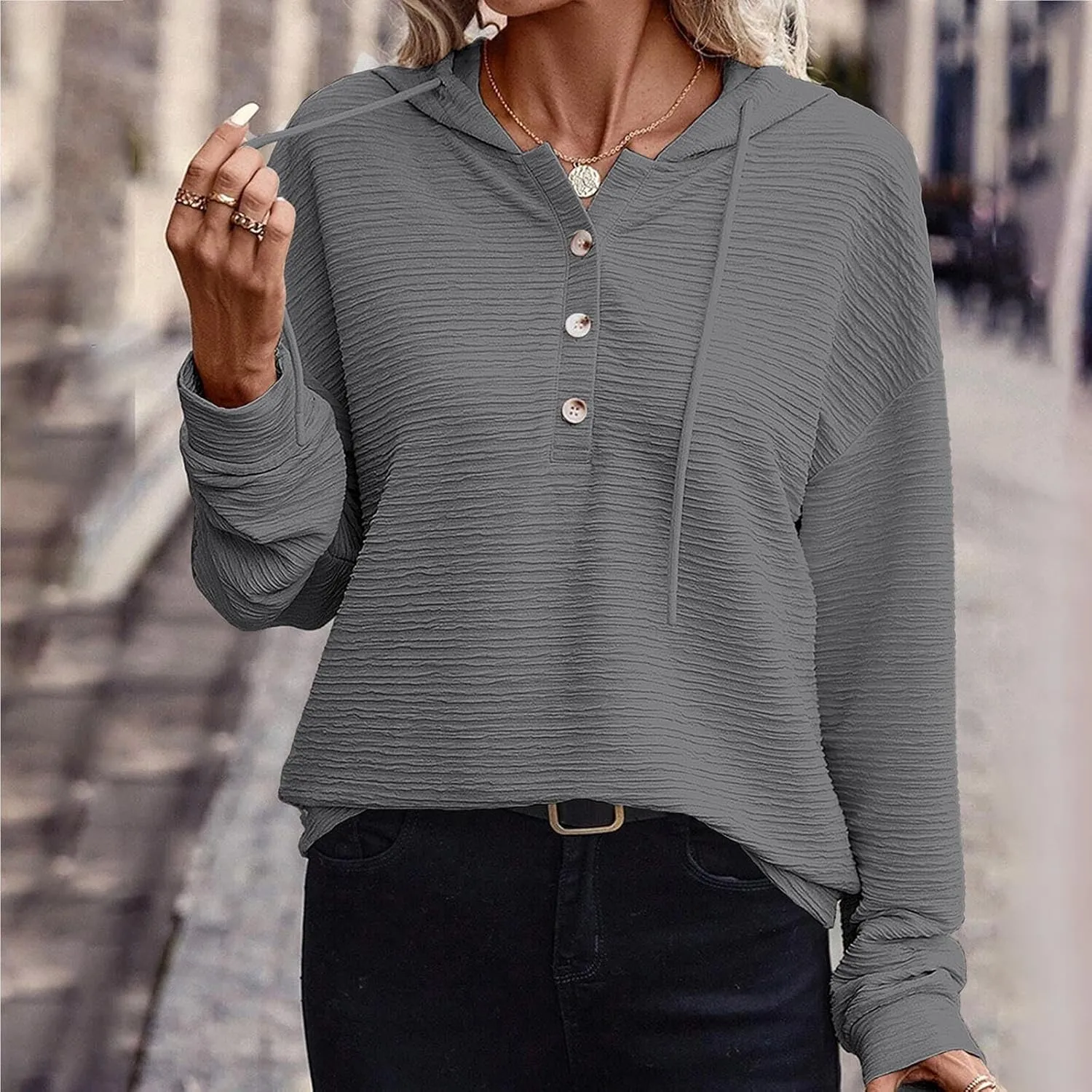 Women Fall Long Sleeve Casual Button V Neck Hoodies Oversized Sweatshirt Hooded Durable Breathable Basic Pullover