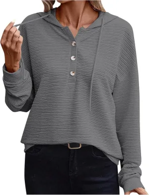 Women Fall Long Sleeve Casual Button V Neck Hoodies Oversized Sweatshirt Hooded Durable Breathable Basic Pullover