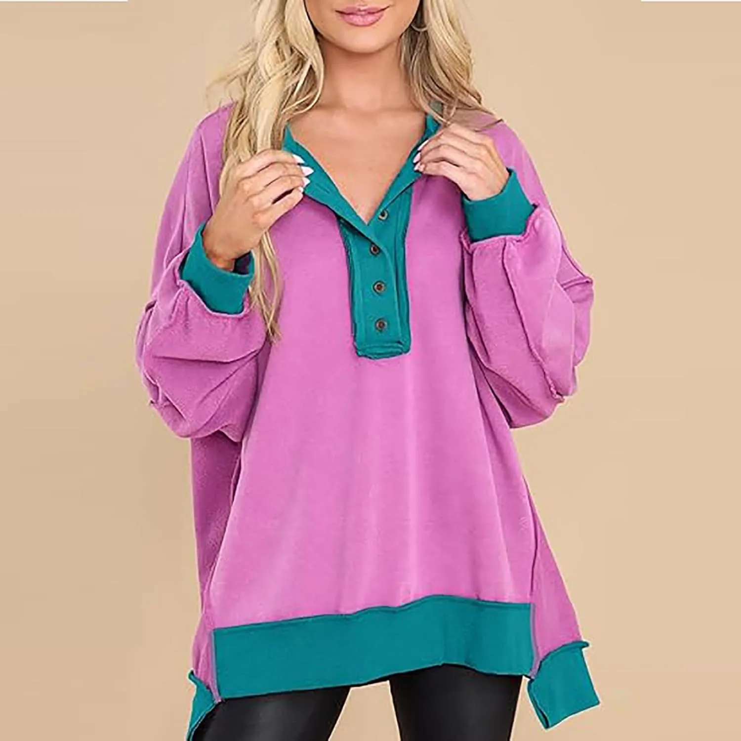 Women Fashion Oversized Long Sleeve Splicing Pullover Plain Color Tops Lightweight Sweatshirts Loose Fit Ribbed Top
