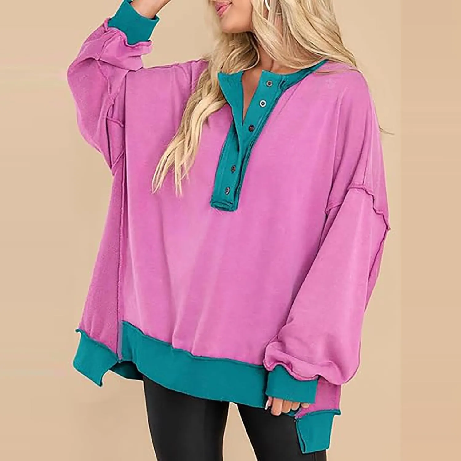 Women Fashion Oversized Long Sleeve Splicing Pullover Plain Color Tops Lightweight Sweatshirts Loose Fit Ribbed Top