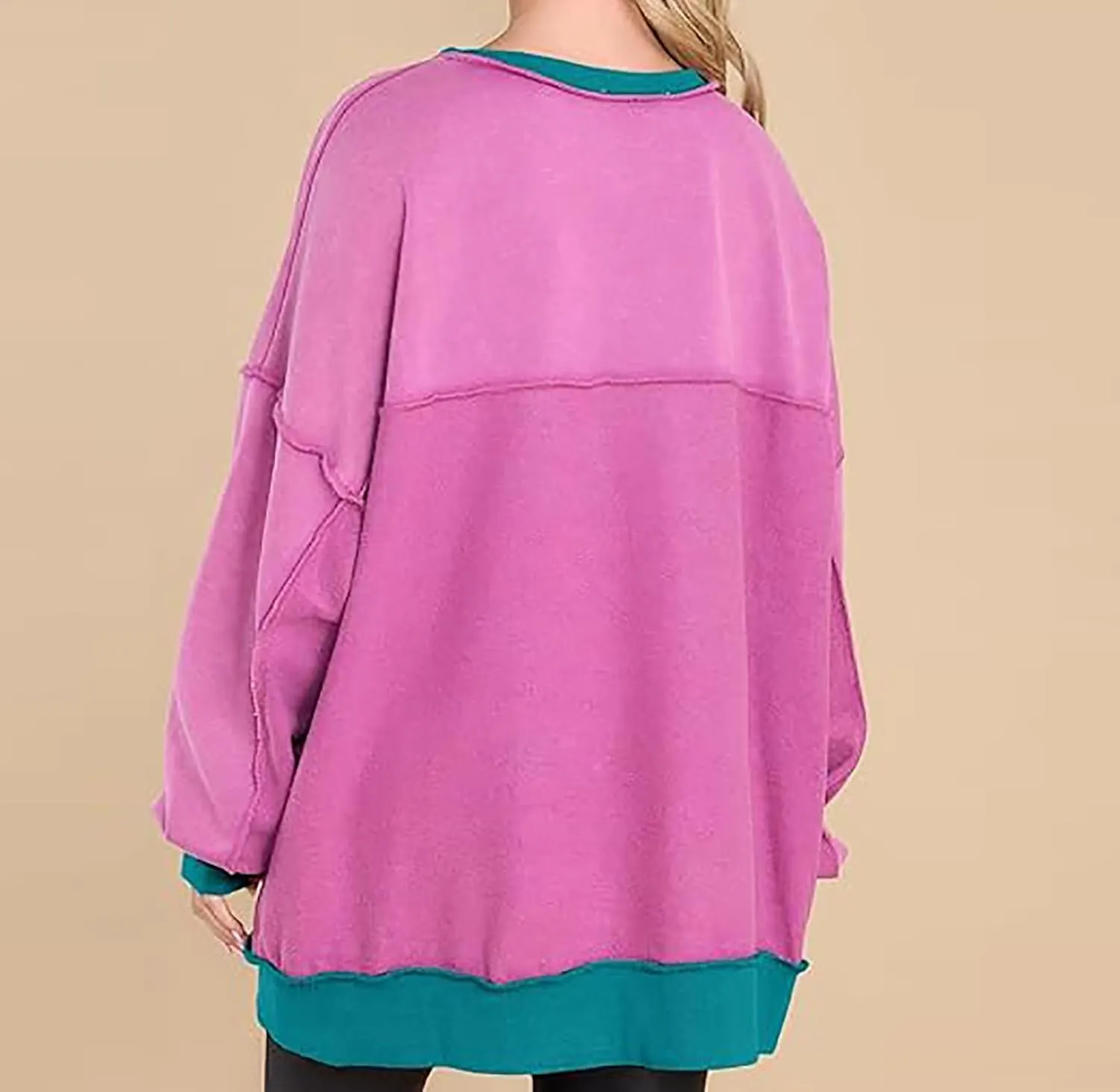 Women Fashion Oversized Long Sleeve Splicing Pullover Plain Color Tops Lightweight Sweatshirts Loose Fit Ribbed Top