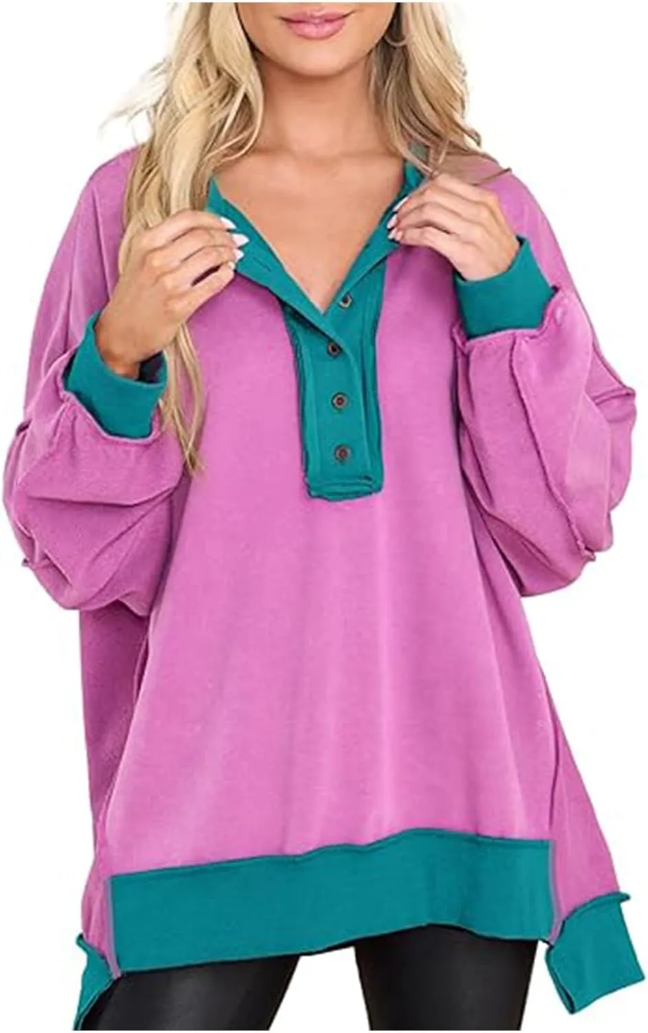 Women Fashion Oversized Long Sleeve Splicing Pullover Plain Color Tops Lightweight Sweatshirts Loose Fit Ribbed Top