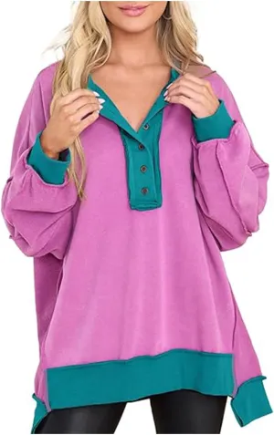 Women Fashion Oversized Long Sleeve Splicing Pullover Plain Color Tops Lightweight Sweatshirts Loose Fit Ribbed Top