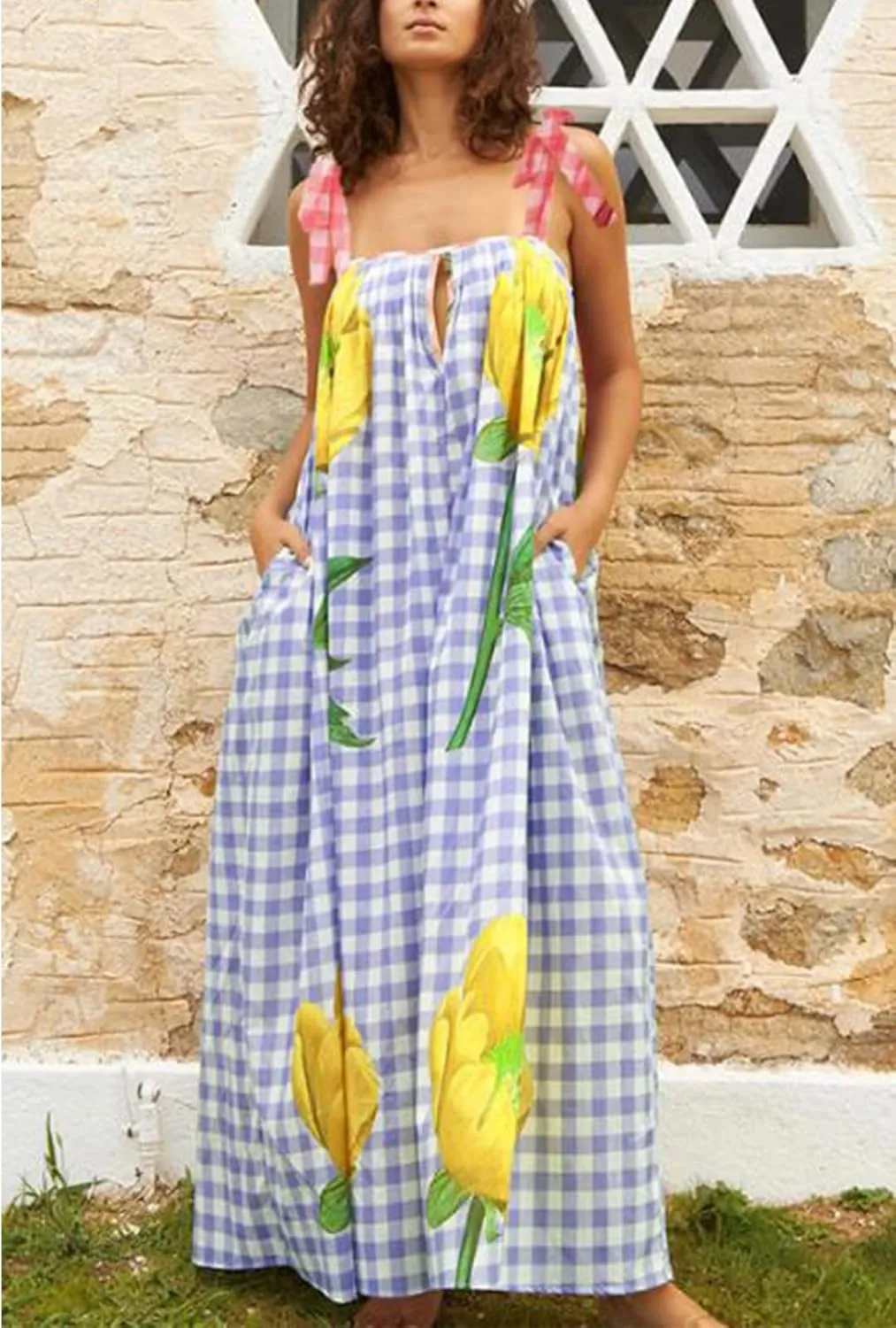 Women Floral Maxi Dresses Tie Shoulder Flowy Dress Relax Casual Summer Dress Y2k Boho Vacation Sundresses