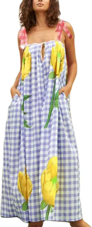 Women Floral Maxi Dresses Tie Shoulder Flowy Dress Relax Casual Summer Dress Y2k Boho Vacation Sundresses
