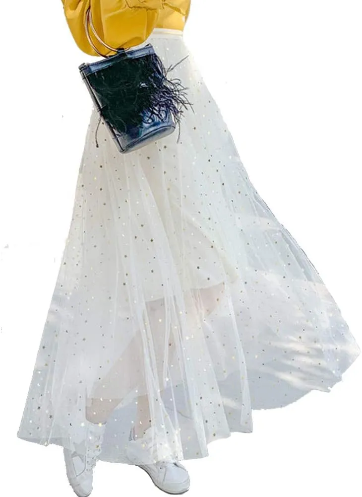 Women Glitter Stars Sparkle Tulle Skirt Elastic High Waist A-Line Midi Skirt for Wedding Evening Party Prom