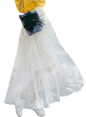 Women Glitter Stars Sparkle Tulle Skirt Elastic High Waist A-Line Midi Skirt for Wedding Evening Party Prom
