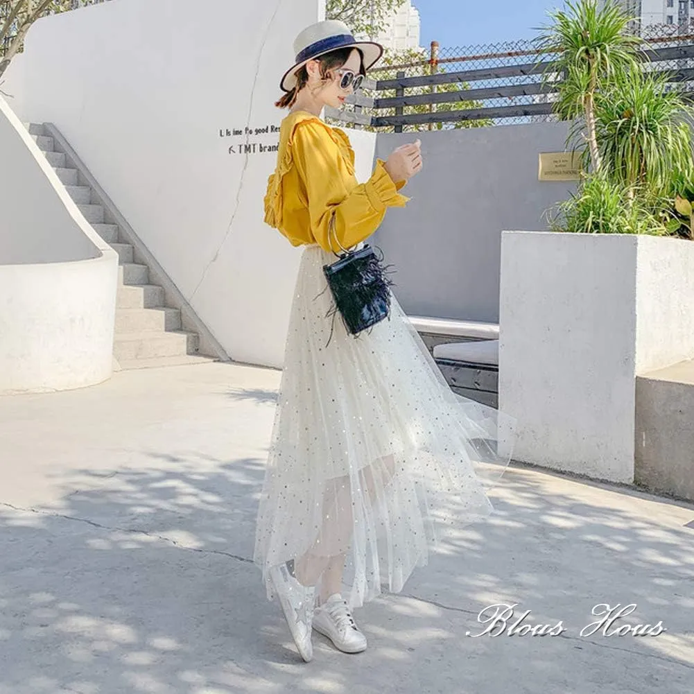Women Glitter Stars Sparkle Tulle Skirt Elastic High Waist A-Line Midi Skirt for Wedding Evening Party Prom