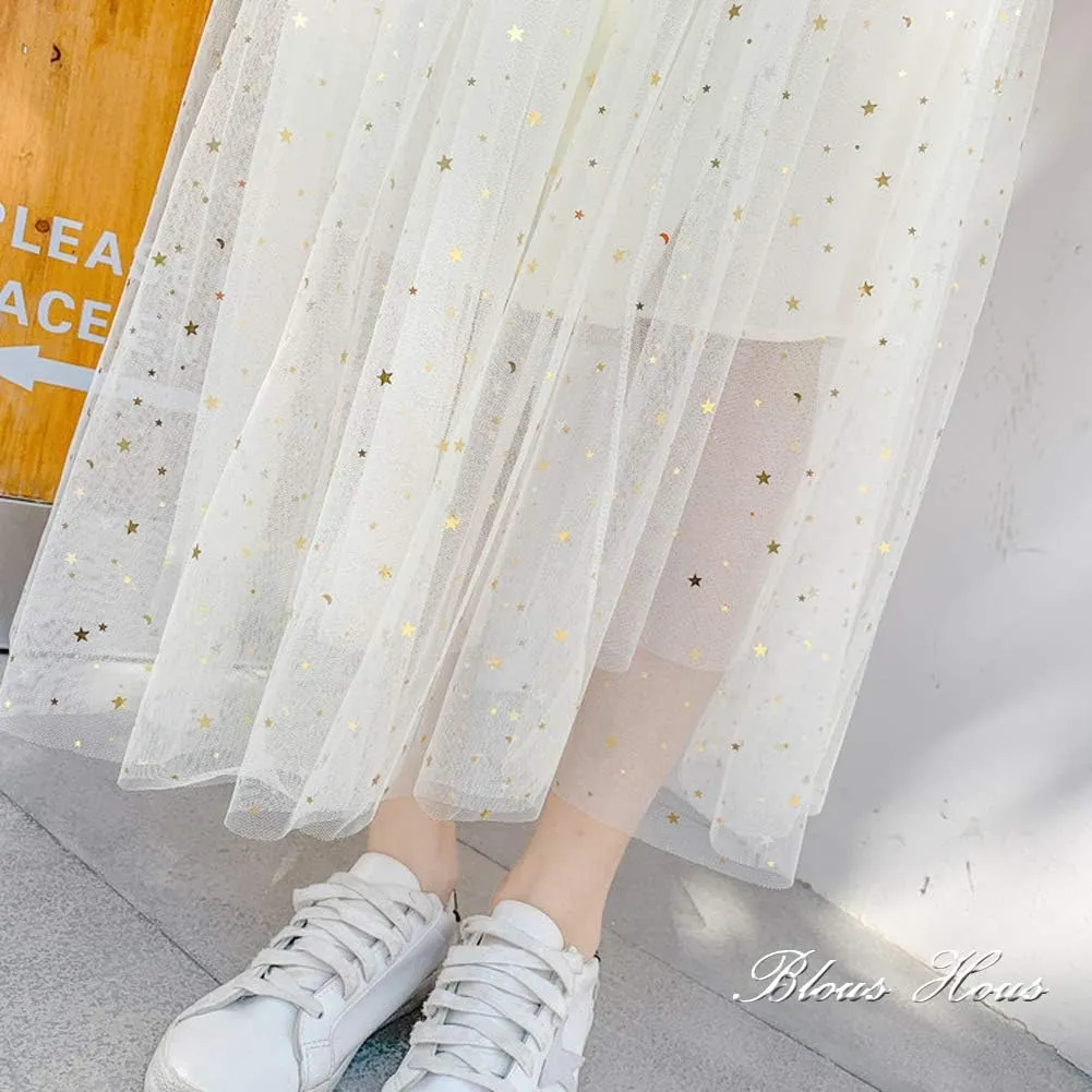 Women Glitter Stars Sparkle Tulle Skirt Elastic High Waist A-Line Midi Skirt for Wedding Evening Party Prom