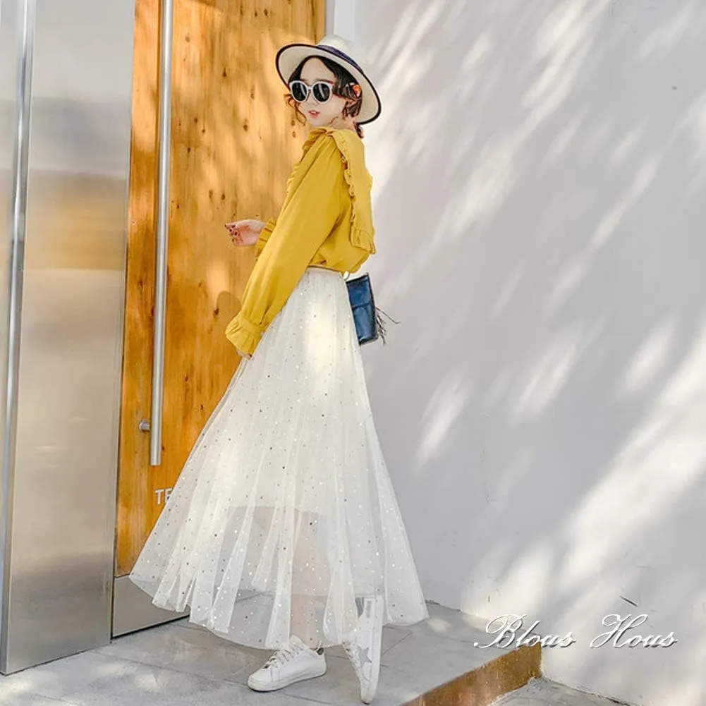 Women Glitter Stars Sparkle Tulle Skirt Elastic High Waist A-Line Midi Skirt for Wedding Evening Party Prom
