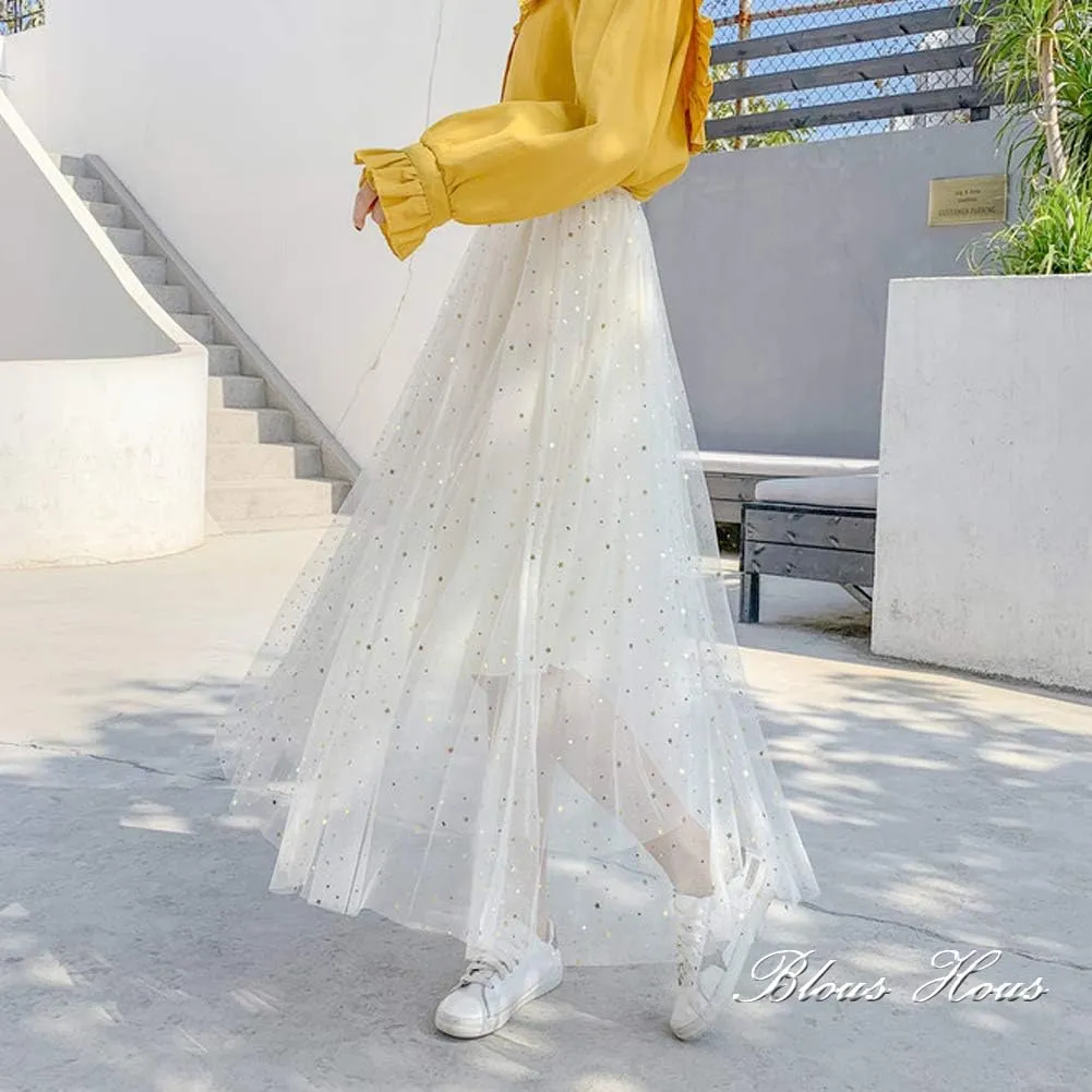 Women Glitter Stars Sparkle Tulle Skirt Elastic High Waist A-Line Midi Skirt for Wedding Evening Party Prom