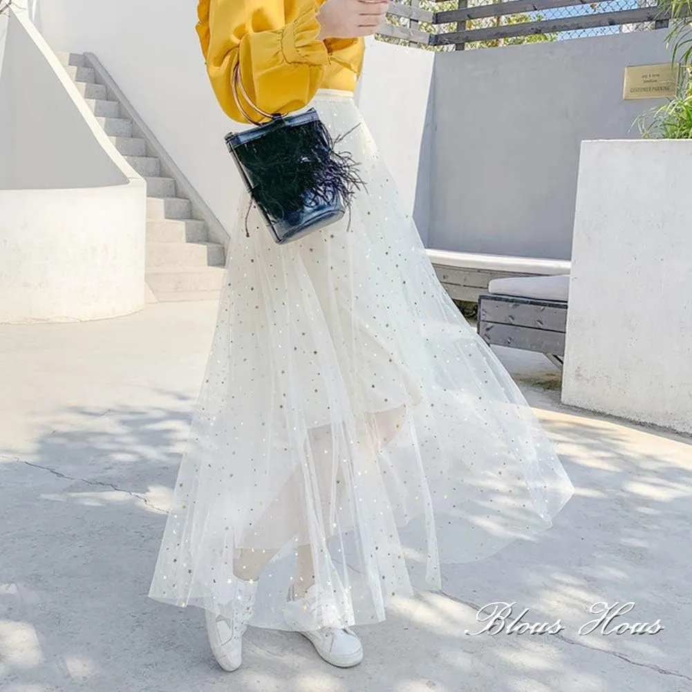 Women Glitter Stars Sparkle Tulle Skirt Elastic High Waist A-Line Midi Skirt for Wedding Evening Party Prom