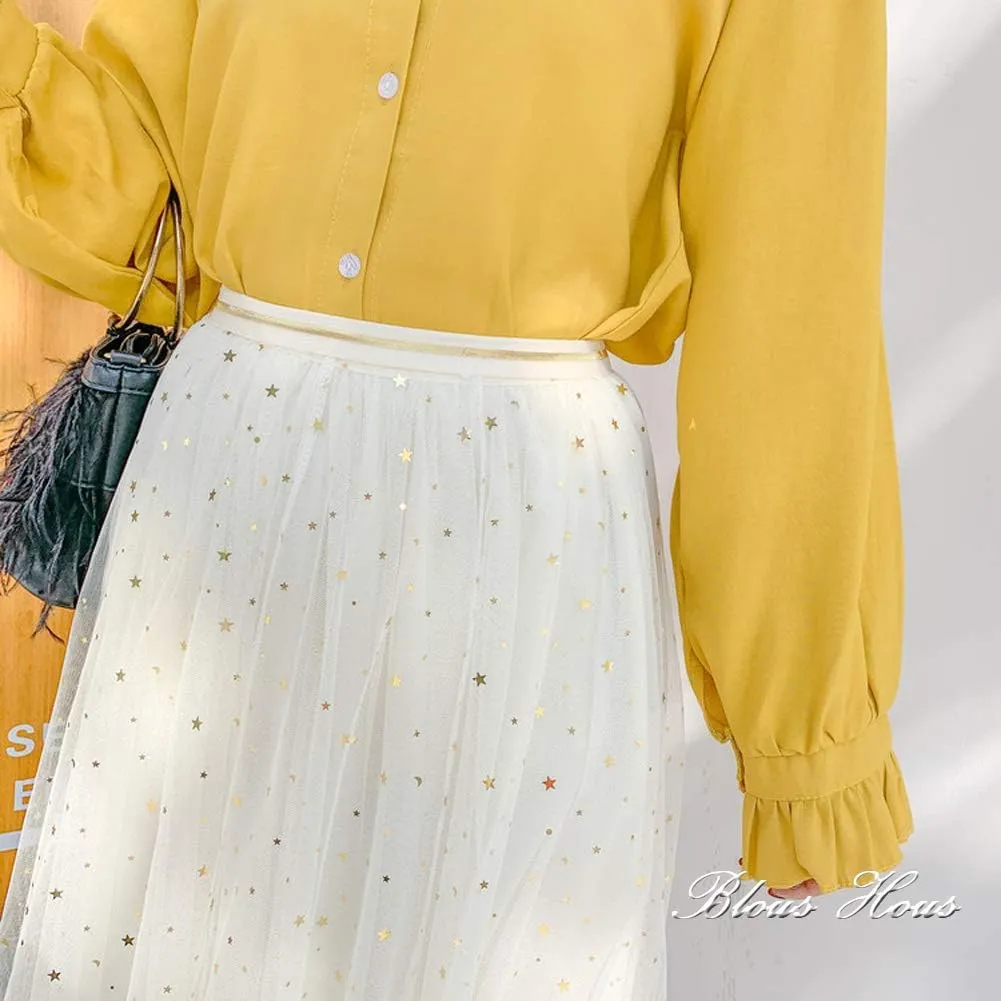Women Glitter Stars Sparkle Tulle Skirt Elastic High Waist A-Line Midi Skirt for Wedding Evening Party Prom