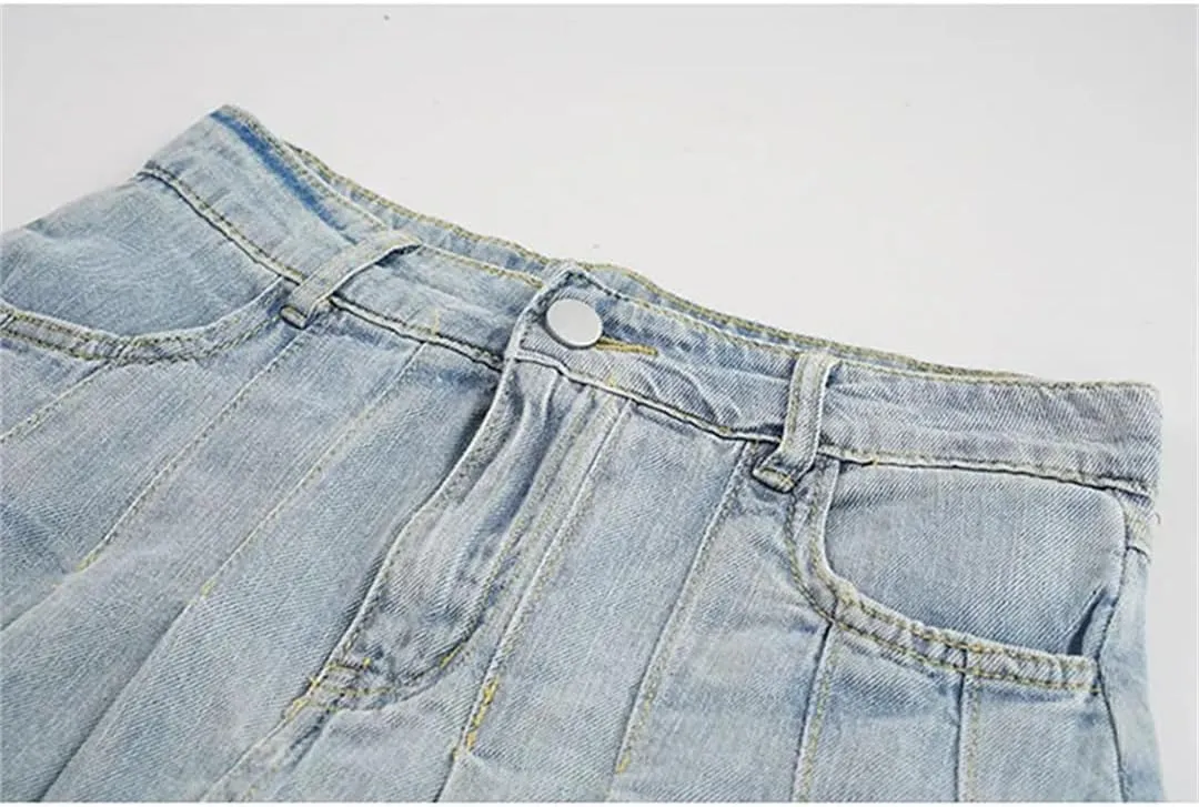 Women High Waist Denim Mini Skirt Korean Vintage Slimming Skirts Versatile Denim Button Leaf Pleated Skirts