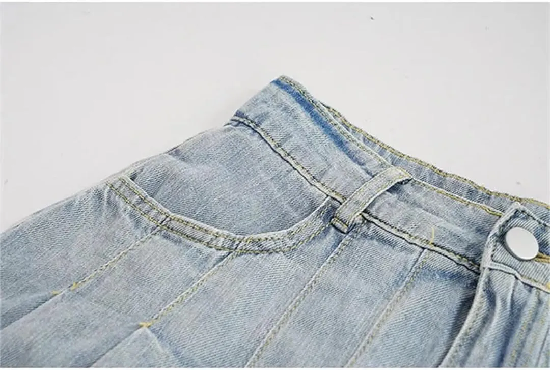 Women High Waist Denim Mini Skirt Korean Vintage Slimming Skirts Versatile Denim Button Leaf Pleated Skirts