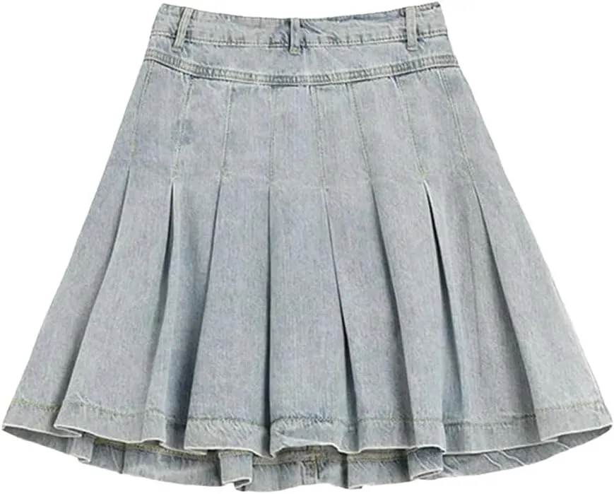 Women High Waist Denim Mini Skirt Korean Vintage Slimming Skirts Versatile Denim Button Leaf Pleated Skirts
