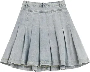 Women High Waist Denim Mini Skirt Korean Vintage Slimming Skirts Versatile Denim Button Leaf Pleated Skirts