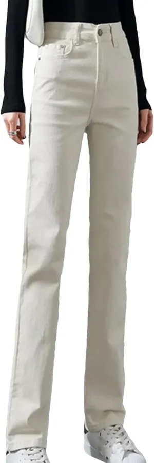 Women High Waist Slim Straight Jeans Solid Color Stretch Skinny Casual Denim Pants