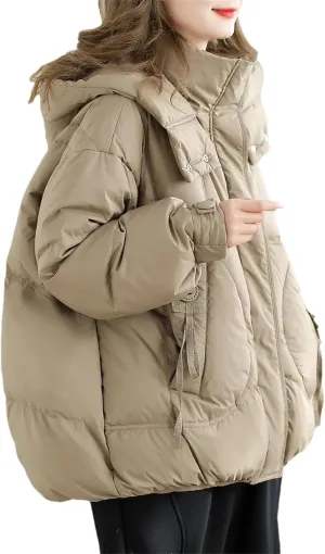 Women Hooded Stand Collar Down Jacket Zipper Loose Vintage Pockets Short Parka Coat