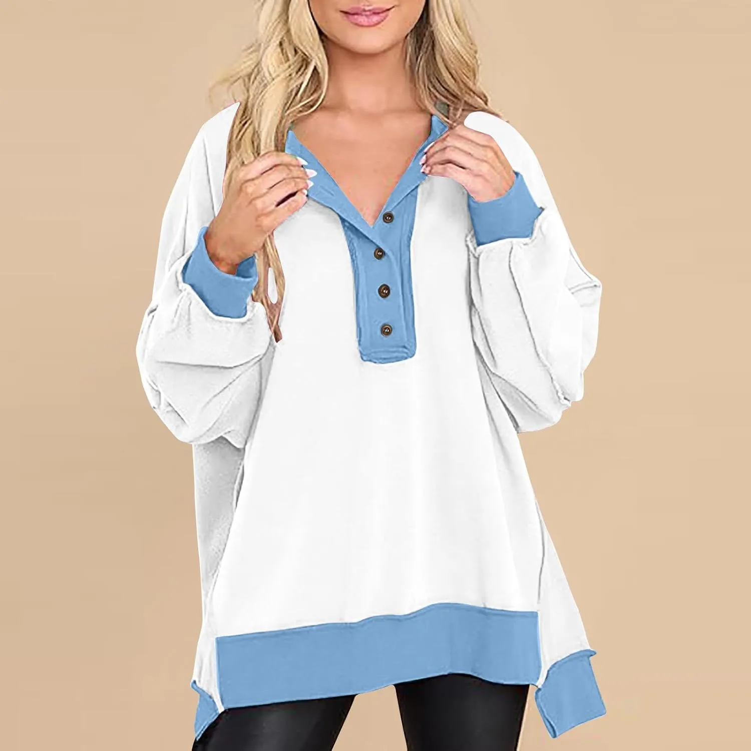 Women Long Sleeve Splicing Pullover Plain Color Tops Lightweight Sweatshirts Loose Fit Top Workout Shirts Outdoors