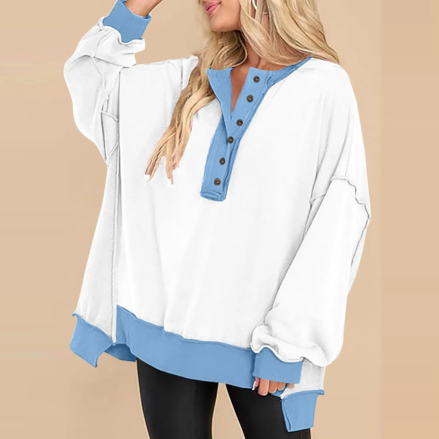 Women Long Sleeve Splicing Pullover Plain Color Tops Lightweight Sweatshirts Loose Fit Top Workout Shirts Outdoors