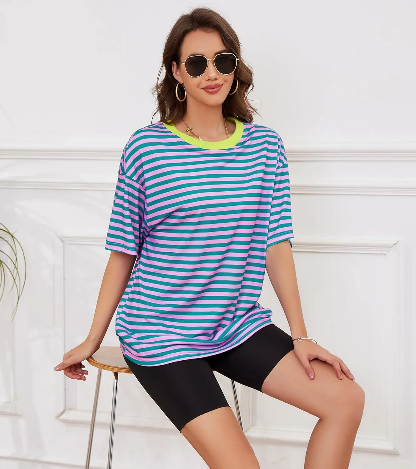 Women Oversized Striped Short Sleeve T Shirts Workout Athletic Loose Tops Crew Neck Basic Shirt Casual Top Tee