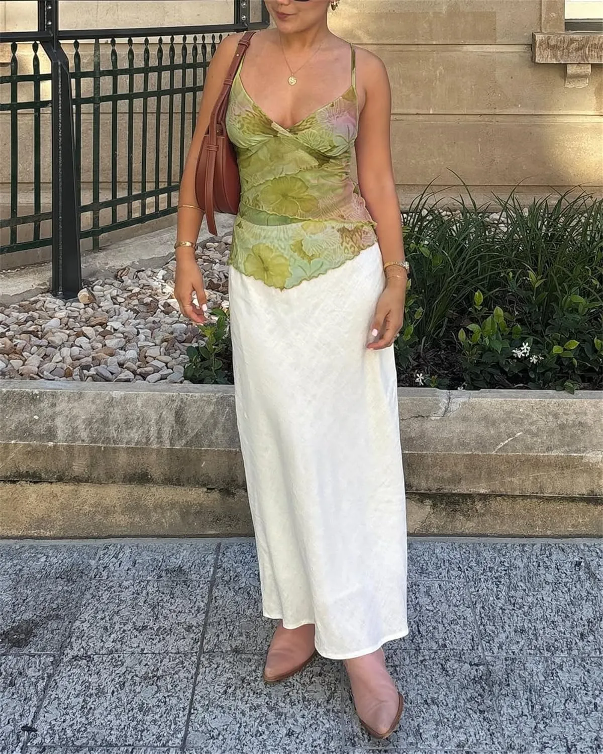 Women Sexy Floral Cami Top V Neck Spaghetti Strap Mesh Camisole Y2K Printed Backless Ruffle Tank Top Streetwear