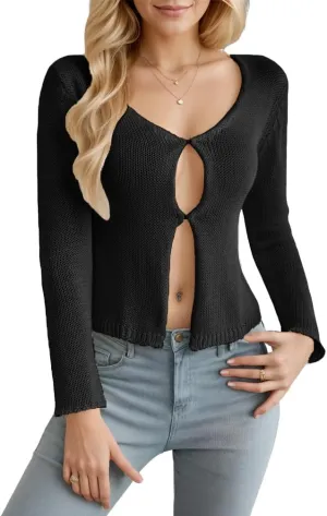 Women Sexy Open Front Button Down Knit Crop Cardigan Sweater Fall Long Sleeve Cut Out Crochet Cropped Tee Tops