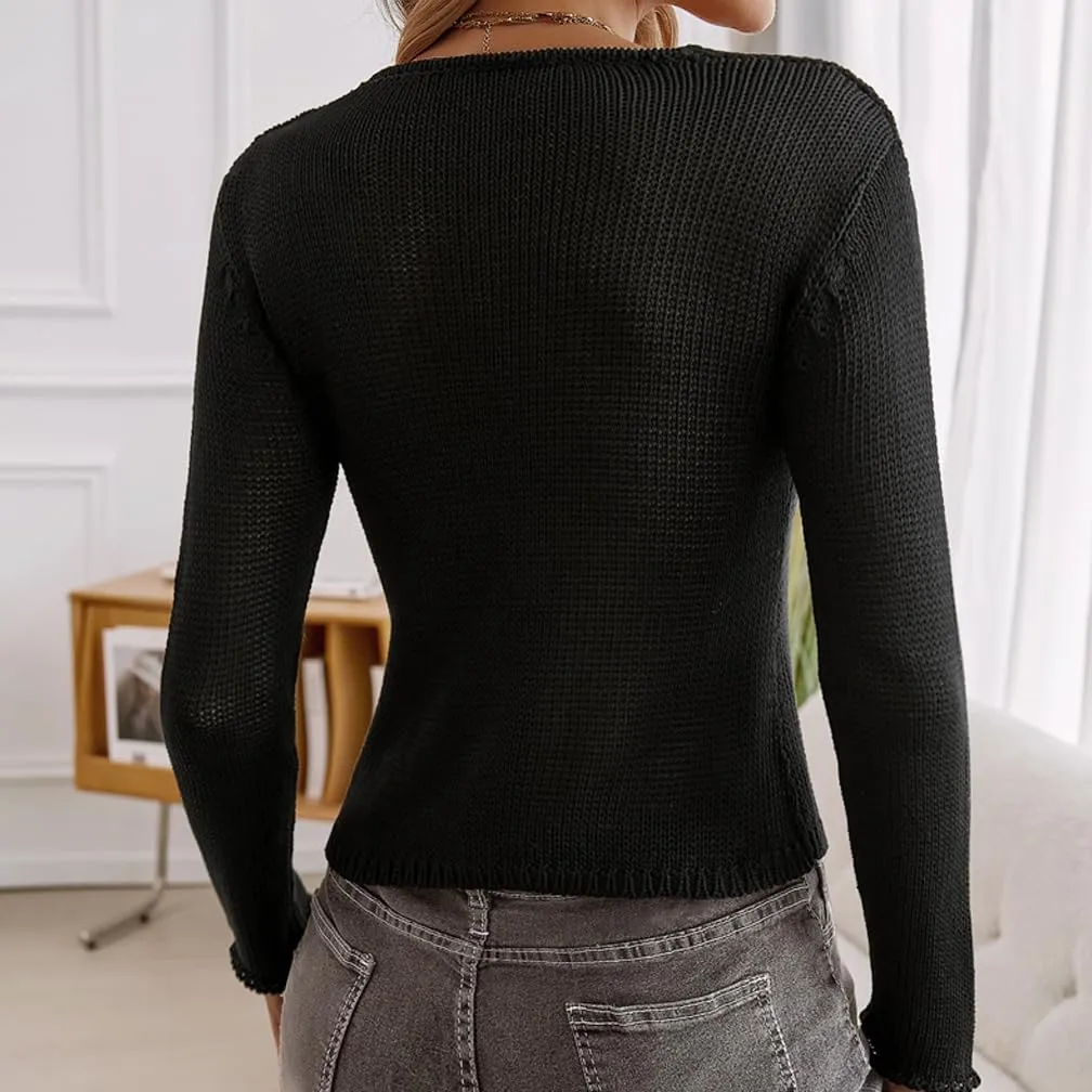 Women Sexy Open Front Button Down Knit Crop Cardigan Sweater Fall Long Sleeve Cut Out Crochet Cropped Tee Tops
