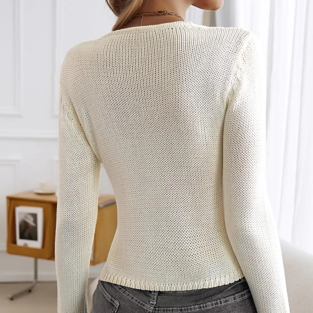 Women Sexy Open Front Button Down Knit Crop Cardigan Sweater Fall Long Sleeve Cut Out Crochet Cropped Tee Tops