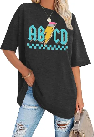 Women Teacher Shirts: ABCD Graphic Teacher Tshirt Oversized Teacher Gift Tees Teach Short Sleeve Tops