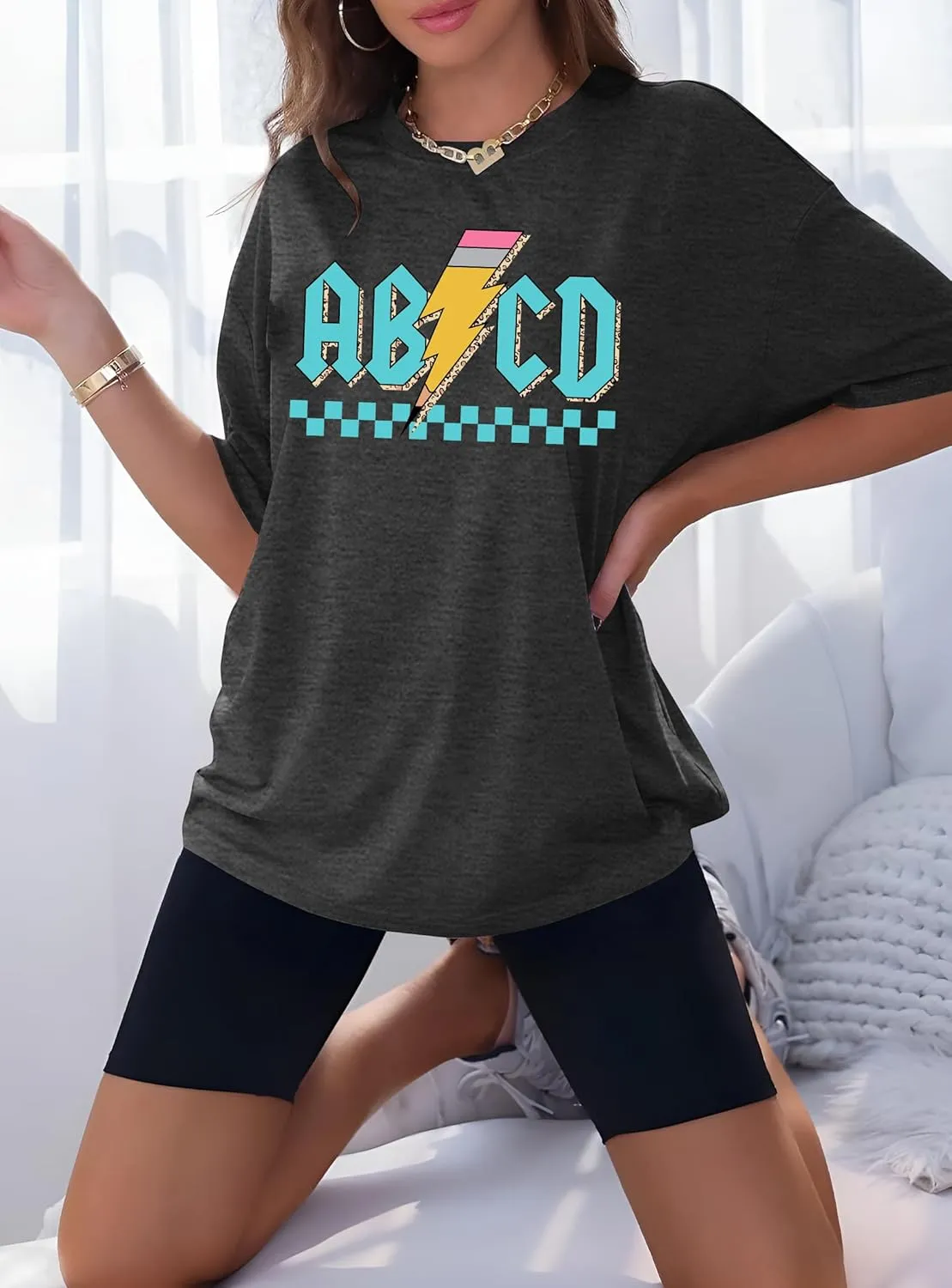 Women Teacher Shirts: ABCD Graphic Teacher Tshirt Oversized Teacher Gift Tees Teach Short Sleeve Tops
