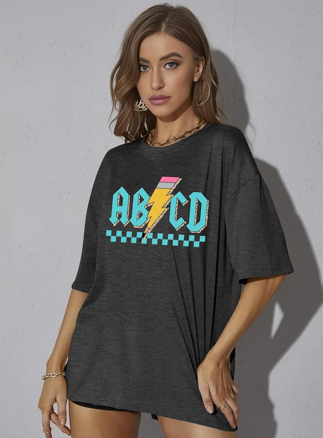 Women Teacher Shirts: ABCD Graphic Teacher Tshirt Oversized Teacher Gift Tees Teach Short Sleeve Tops