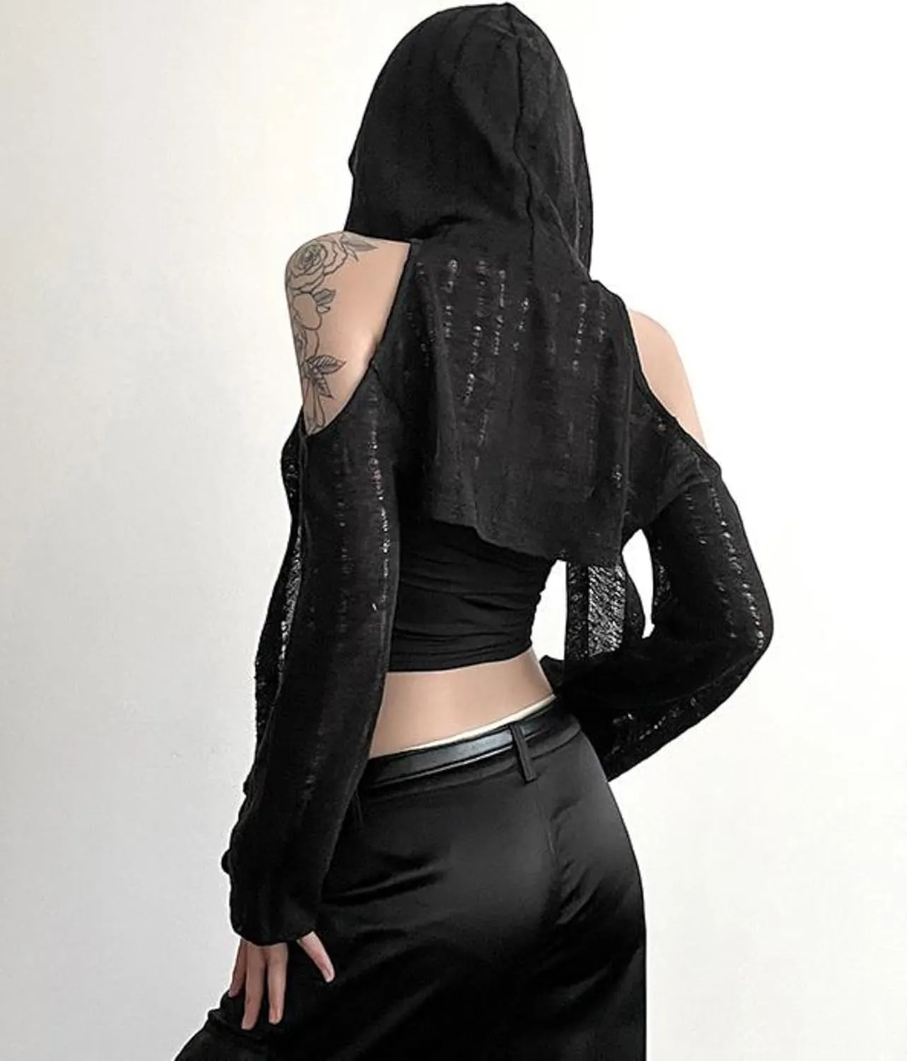 Women Wasteland Top Y2K Shirts with Hoodie Vintage Cloak See Through Long Sleeve Cropped Tops Hollowed Mesh Shirt