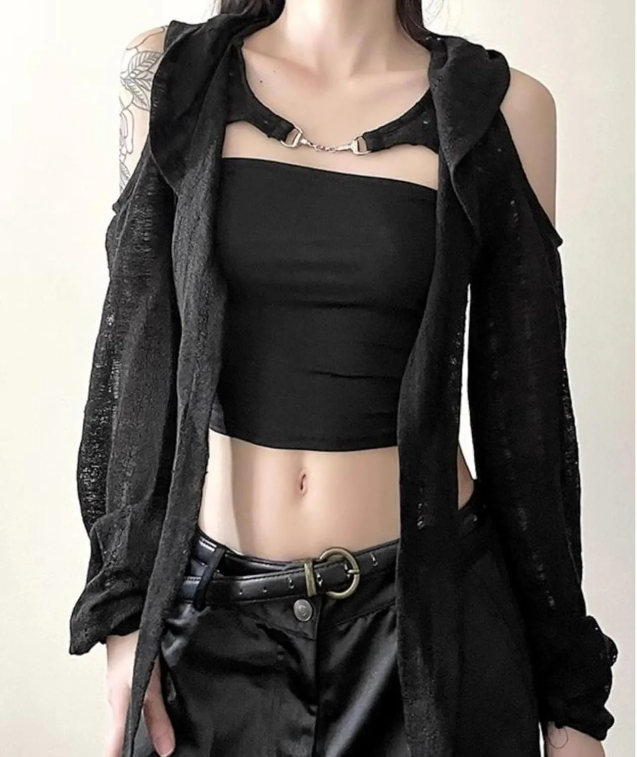 Women Wasteland Top Y2K Shirts with Hoodie Vintage Cloak See Through Long Sleeve Cropped Tops Hollowed Mesh Shirt