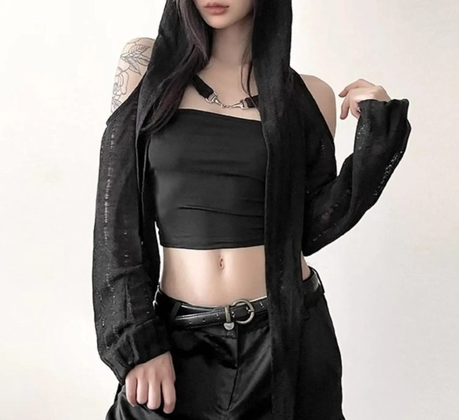 Women Wasteland Top Y2K Shirts with Hoodie Vintage Cloak See Through Long Sleeve Cropped Tops Hollowed Mesh Shirt