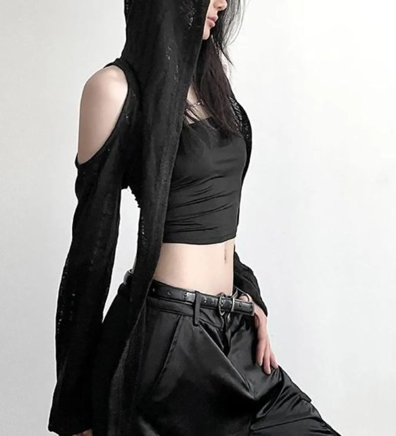 Women Wasteland Top Y2K Shirts with Hoodie Vintage Cloak See Through Long Sleeve Cropped Tops Hollowed Mesh Shirt
