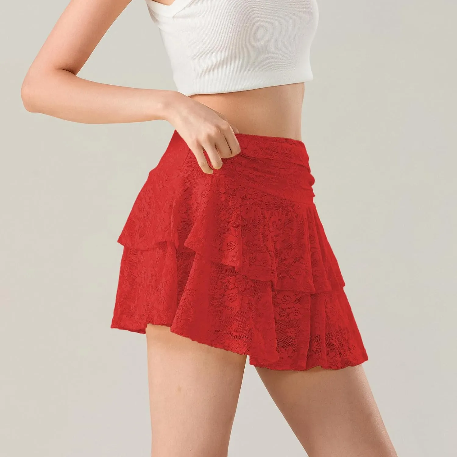 Women Y2k Lace Mini Skirt Sexy Ruffle Half Slip Skirt Low Rise Layered Pleated A Line Short Underskirt Streetwear