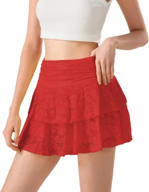 Women Y2k Lace Mini Skirt Sexy Ruffle Half Slip Skirt Low Rise Layered Pleated A Line Short Underskirt Streetwear