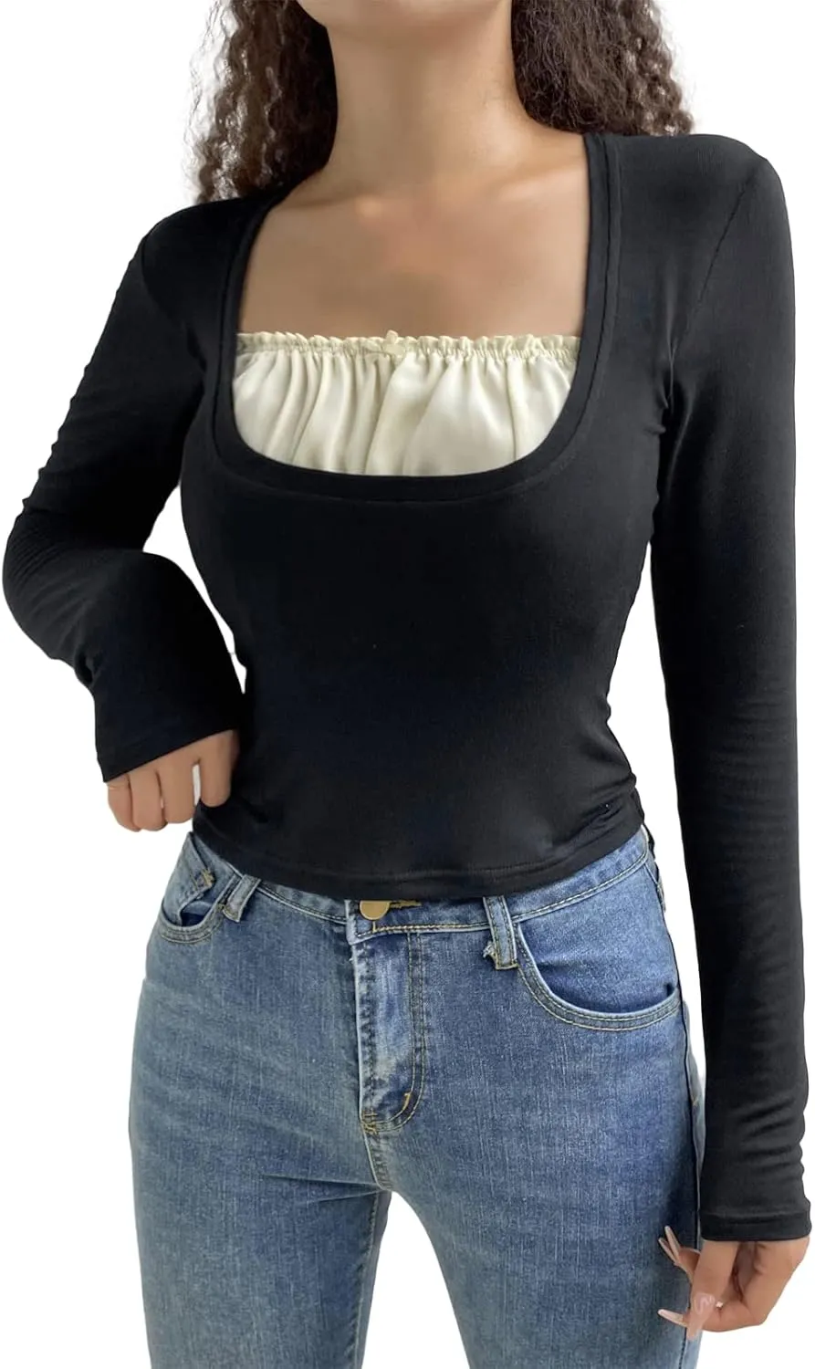 Women Y2K Long Sleeve Top Tee Sexy Patchwork Square Collar Black Basic Slim Fit Blouse Tops Streewear