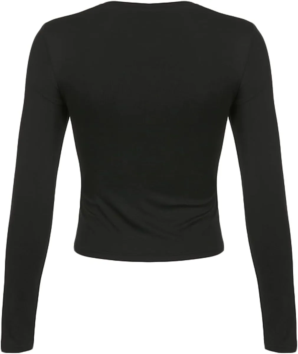 Women Y2K Long Sleeve Top Tee Sexy Patchwork Square Collar Black Basic Slim Fit Blouse Tops Streewear