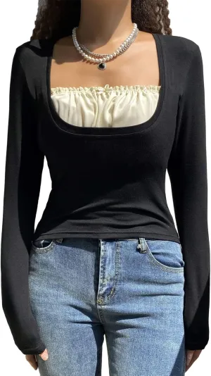 Women Y2K Long Sleeve Top Tee Sexy Patchwork Square Collar Black Basic Slim Fit Blouse Tops Streewear