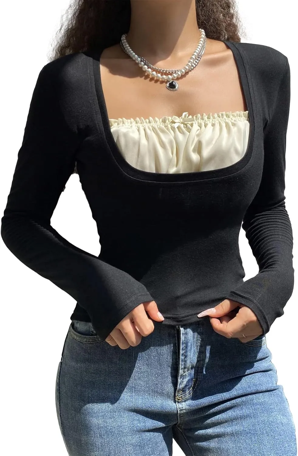 Women Y2K Long Sleeve Top Tee Sexy Patchwork Square Collar Black Basic Slim Fit Blouse Tops Streewear
