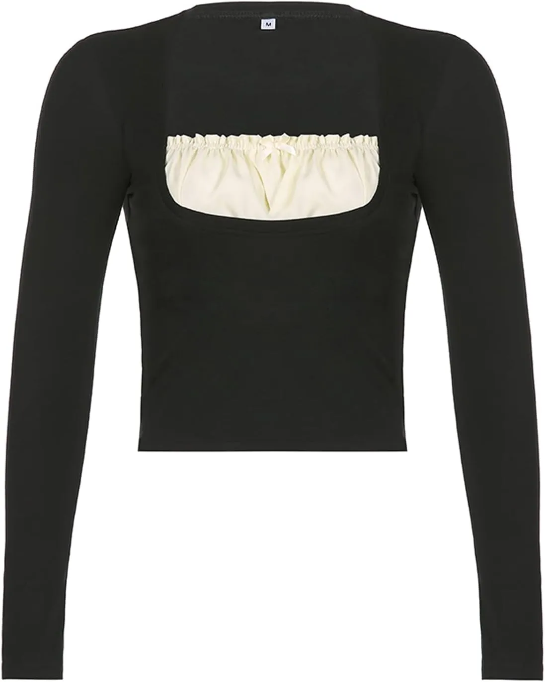 Women Y2K Long Sleeve Top Tee Sexy Patchwork Square Collar Black Basic Slim Fit Blouse Tops Streewear