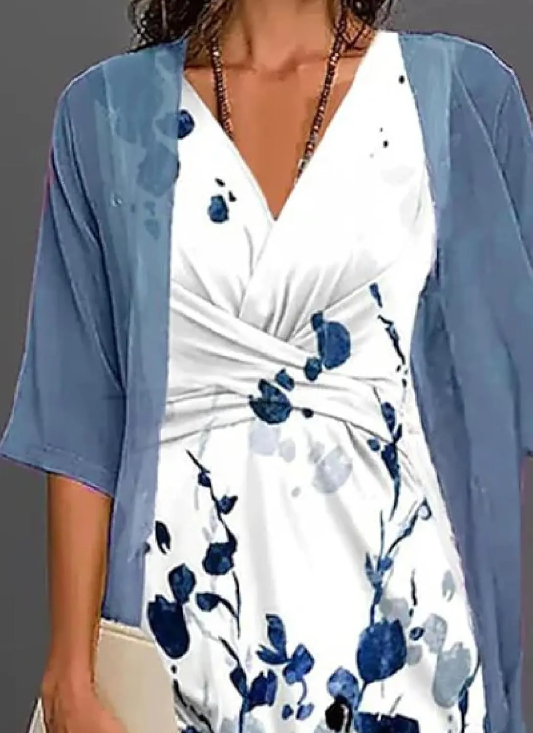 Womens 2 Piece Lounge Sets Blue Floral Print Half Sleeve Midi A-line Dress with Thin Jacket Set V Neck Clothes