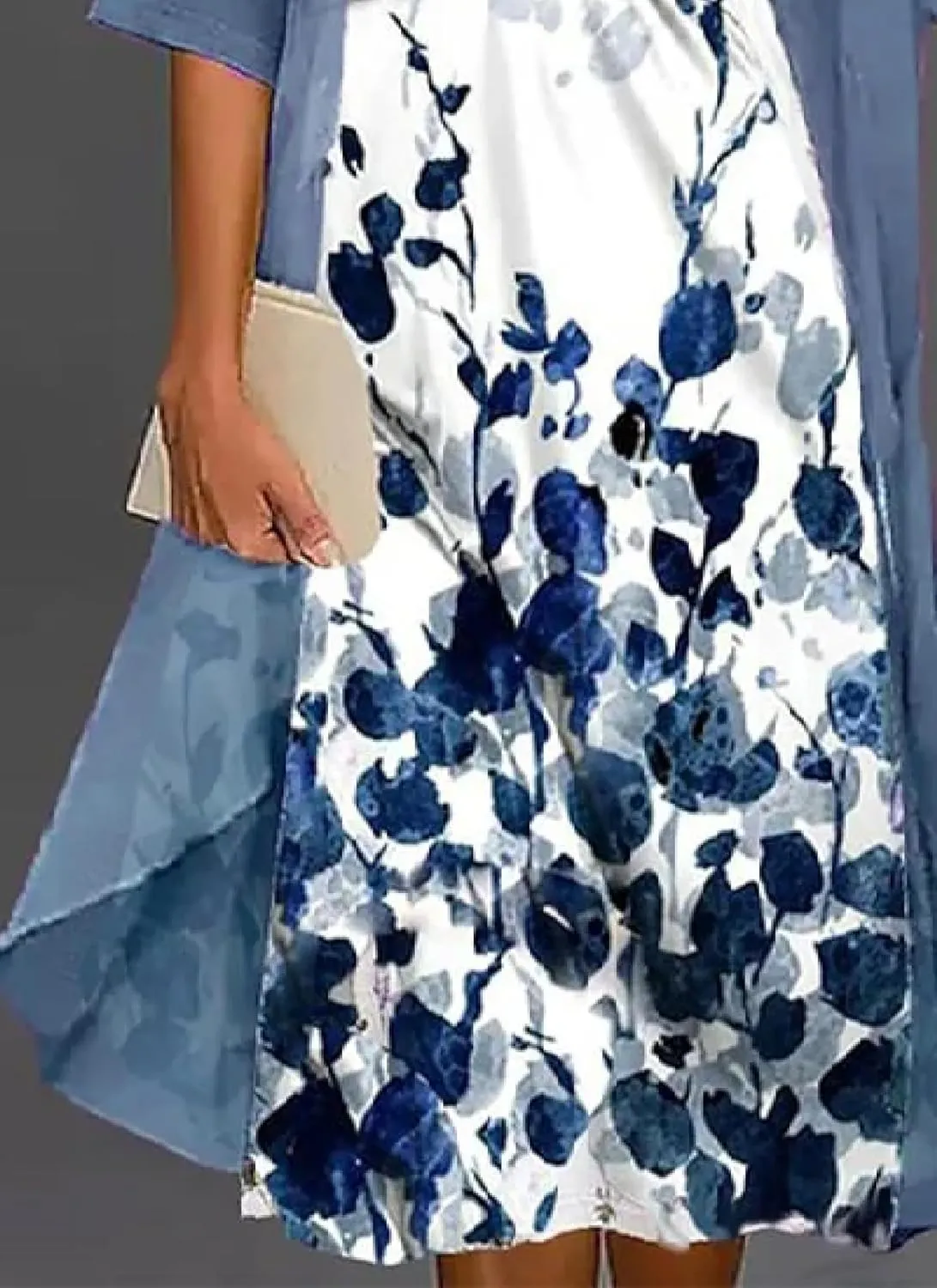 Womens 2 Piece Lounge Sets Blue Floral Print Half Sleeve Midi A-line Dress with Thin Jacket Set V Neck Clothes