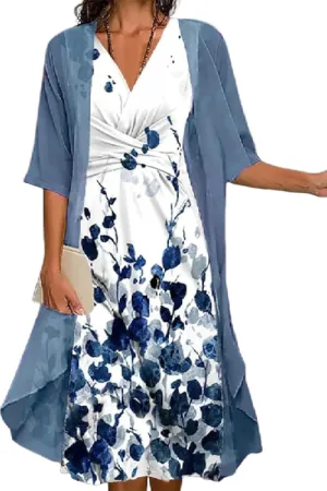 Womens 2 Piece Lounge Sets Blue Floral Print Half Sleeve Midi A-line Dress with Thin Jacket Set V Neck Clothes